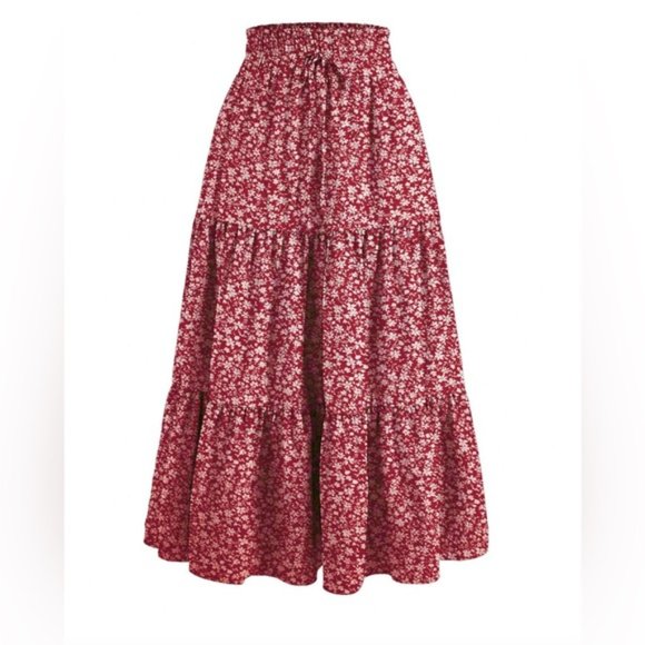 Red Boho Floral Print Tiered Ruched Skirt - Picture 5 of 10
